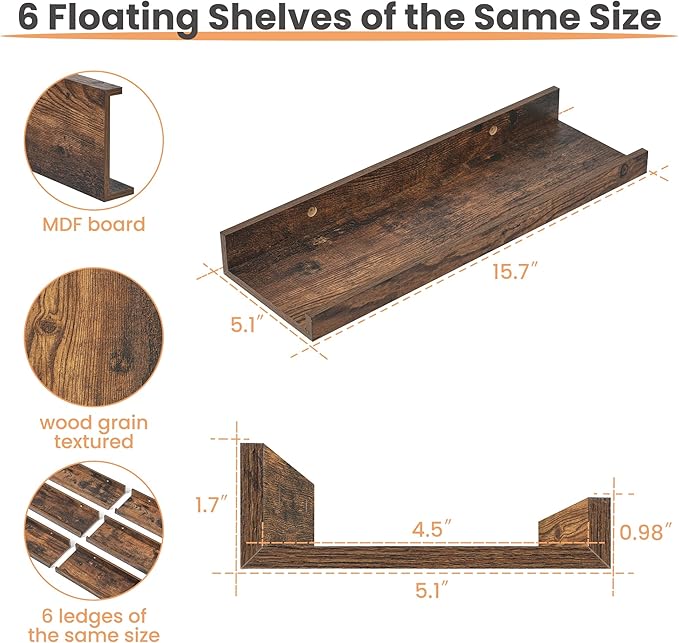 upsimples Floating Shelves for Wall, Wall Shelves for Decor Storage Set of 6, Wall Mounted Wood Shelves for Bedroom, Living Room, Bathroom, Kitchen, Picture Ledge Shelves, Brown