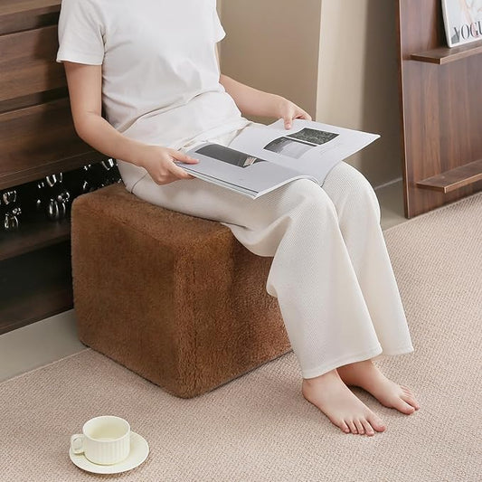 Tiita Pouf Ottoman and Foot Rest, Square Foam Stuffed Floor Pouf with Storag for Living Room, Brown