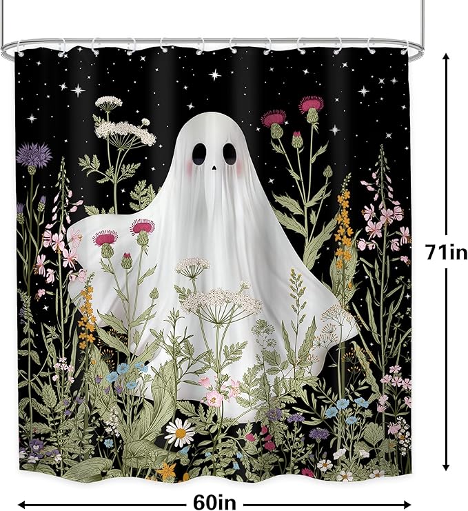 LGhtyro Funny Ghost Kids Shower Curtain Bathroom Set 60Wx71H Inches Halloween Spooky Wildflower Floral Rustic Plant Leaf Botanical Bath Accessories Starry Night Sky Art Home Decor Fabric 12 Pack Hooks