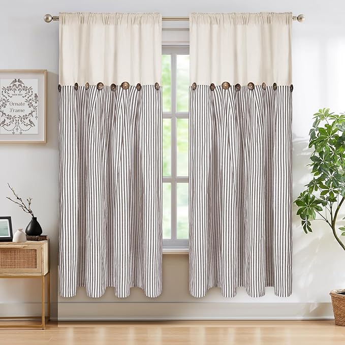 ASPMIZ Cotton Linen Farmhouse Curtains Boho Rustic Button Panel, Country Window Curtain Panels, Brown Stripe Modern Curtains for Living Room, Back Tab & Rod Pocket Curtain 52 x 63 Inch, 2 Panels
