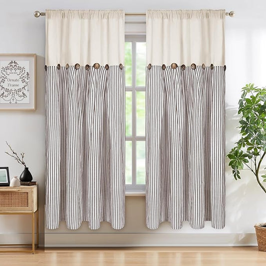 ASPMIZ Cotton Linen Farmhouse Curtains Boho Rustic Button Panel, Country Window Curtain Panels, Brown Stripe Modern Curtains for Living Room, Back Tab & Rod Pocket Curtain 52 x 63 Inch, 2 Panels