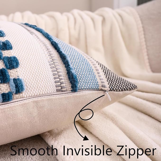 Tosleo Boho Throw Pillow Covers 18x18 Set of 2 Striped Decorative Pillow Cases Accent Chenille Pillowcases Farmhouse Cushion Case Bohemian Nuetral Textured Coastal Pillow Cover,Sky Blue