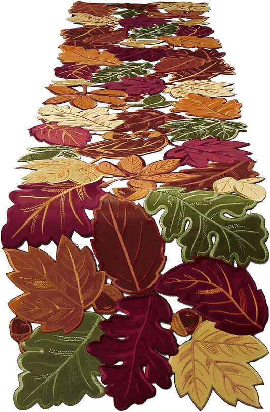 OWENIE Fall Table Runner, Thanksgiving Table Runner Extra Long 144 Inches ,Embroidered Harvest Leaves Home Decor for Autumn Season Outdoor Table Holiday Decorations, 13 x 144 inches Dresser Scarf