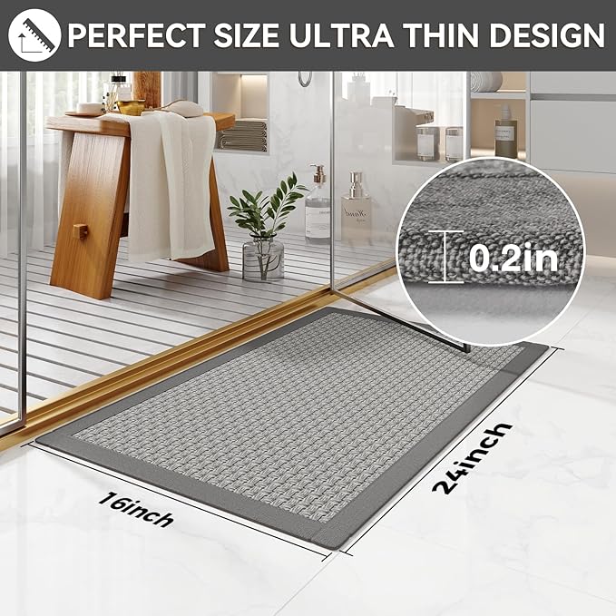 Non Slip Bath Mat Bathroom Rugs, Soft Jute-Like Ultra Thin Bath Mats, Rubber Backing Super Absorbent Quick Dry Bath Rug Shower Mat Fit Under Door Bathroom Floor, Machine Washable, Gray 16" x 24"