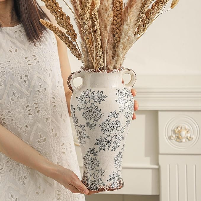 Enra Vintage vase with Handle,12.6 inch Blue and White Ceramic Decorative Flower vase, Chinoiserie Floral Vase,Large Rustic Vases for Home Decors, Living Room, Bookshelf, Office