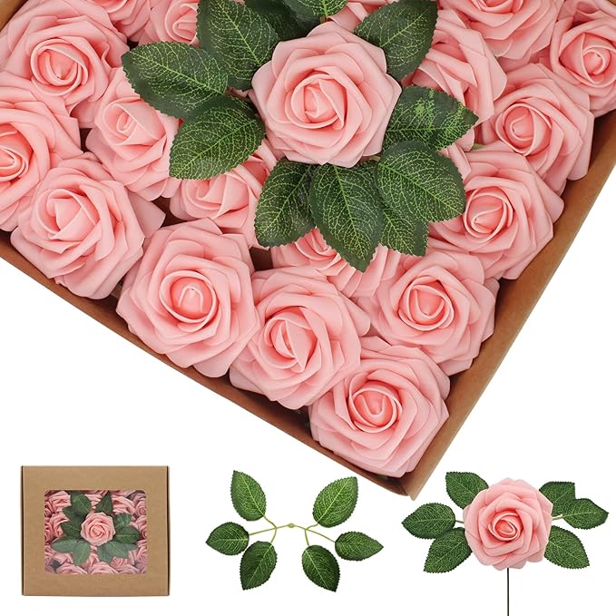 100PCS Artificial Flowers Pink Roses Real Looking Foam Fake Roses with Leaves and for DIY Wedding Bouquets Bridal Shower Centerpieces Party Decorations (Pink, 100)