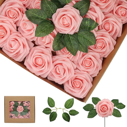 100PCS Artificial Flowers Pink Roses Real Looking Foam Fake Roses with Leaves and for DIY Wedding Bouquets Bridal Shower Centerpieces Party Decorations (Pink, 100)