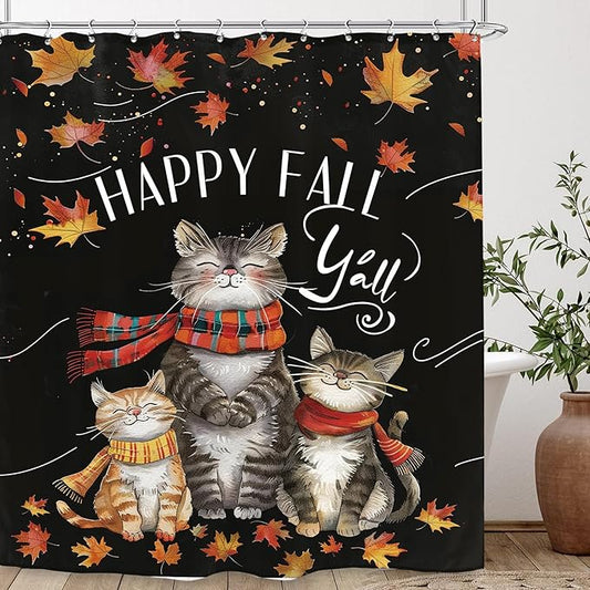 Funny Cat Autumn Shower Curtain 60Wx72L Inch Fall Maple Harvest Thanksgiving Animal Cute Bathroom Set Accessories Decor with 12 Pack Hooks