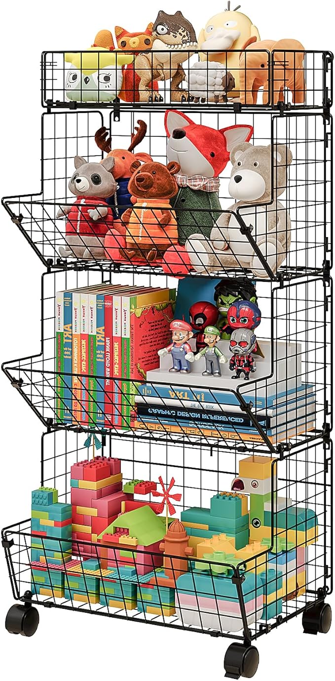 Bath Toy Storage Organizer, 4 Tier Rolling Outdoor Toy Storage, Wire Toy Organizer Kids Bookshelf for Playroom Bedroom (Black, Extra Large)