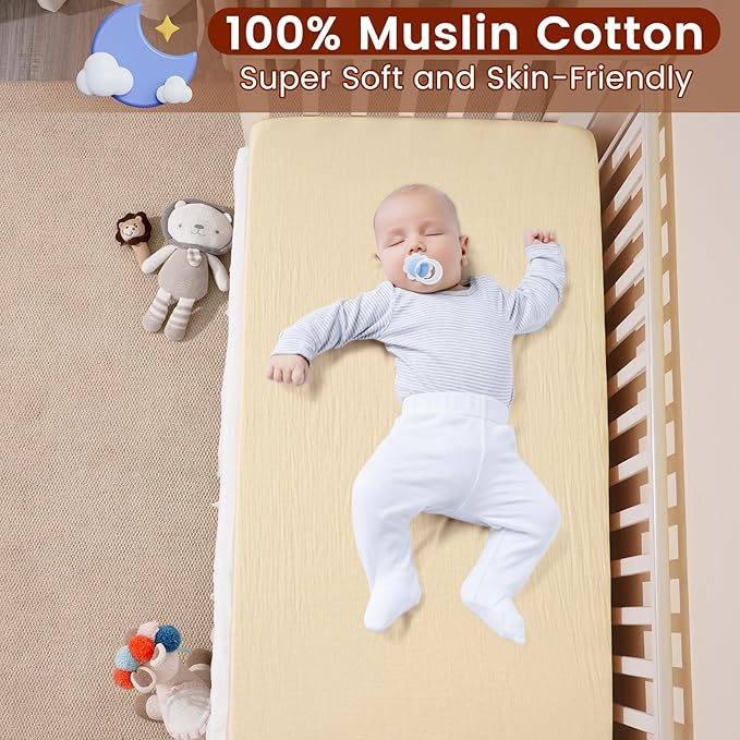 Muslin Crib Sheets for Boys Girls, 2 Pack 100% Cotton Soft Breathable Fitted Baby Sheet Set, 28x52 Inch Fits Standard Crib and Toddler Mattresses, Beige & Grey