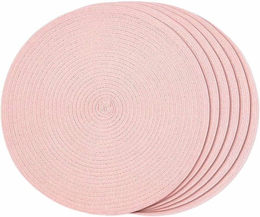 FunWheat Round Braided Placemats Set of 6 Place mats for Dining Tables Woven Heat Resistant Table Mats 15 inch (Pink)