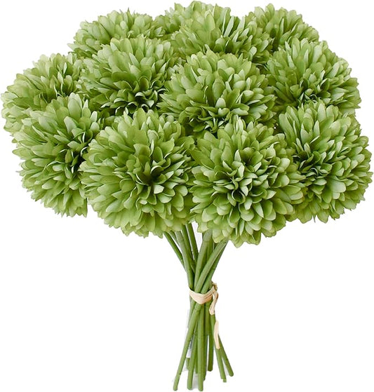 Mandy's Green Artificial Ball Chrysanthemum 12 Stems Faux Flowers with Bendable Stems for DIY Wedding Centerpiece Fall Decor Home Arrangements