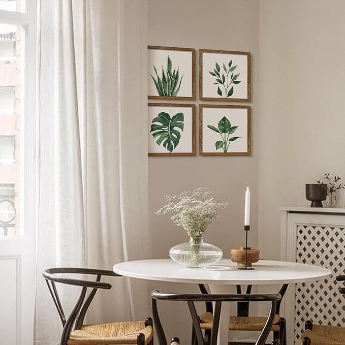 ArtbyHannah Framed Bathroom Wall Decor, 10x10 Inch Botanical Wall Art with Sage Green Plant Print for Wall Decoration, Minimalist Restroom Decor (Walnut)