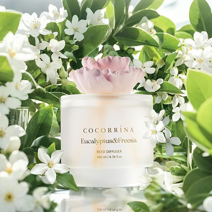 Cocorrina Gypsum Flower Reed Diffuser Set for Bathroom Décor – Eucalyptus & Freesia Scent, 6.76 oz with Sticks & Oil – Home Fragrance for Bathroom & Living Space