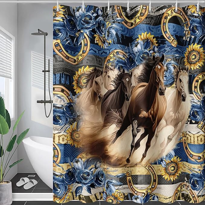 AILONEN Running Horse Shower Curtain for Kids,Blue Rose Sunflower Horse Bath Curtain for Bathroom Decor,Modern Curtain Polyester Waterproof with 12 Plastic Hooks 60" W*72" H