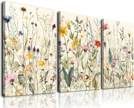 Framed Canvas Wall Art Set of 3, Minimalist Flower Floral Wall Art Farmhouse Decor, Boho Style Wall Decor Watercolor Wildflower Paintings, Modern Colorful Botanical Flower Art Print for Bathroom,