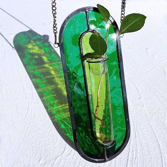 LITMIND Transparent Green Stained Glass Propagation Station - Handcrafted Suncatcher Hanging Planter with 2 Glass Tubes, Multi-Color Hydroponic Wall Décor for Windows, Home & Garden