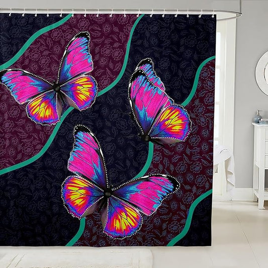 Feelyou Butterfly Shower Curtain 72"x78" Kids Butterflies Botanical Floral Print Bathroom Shower Curtain Set for Boys Girls Teens Geometric Stripes Bath Curtain Colorful Bathroom Accessories