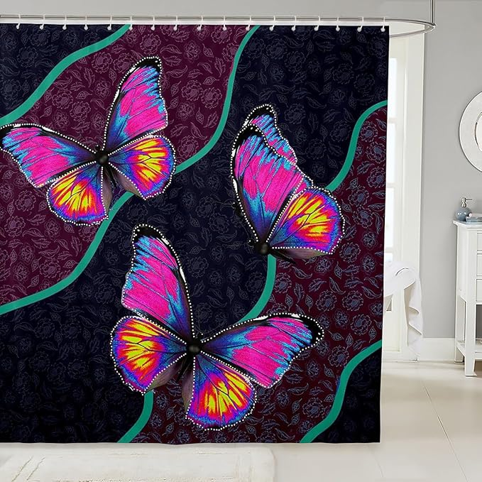 Feelyou Butterfly Shower Curtain 72"x72" Kids Butterflies Botanical Floral Print Bathroom Shower Curtain Set for Boys Girls Teens Geometric Stripes Bath Curtain Colorful Bathroom Accessories