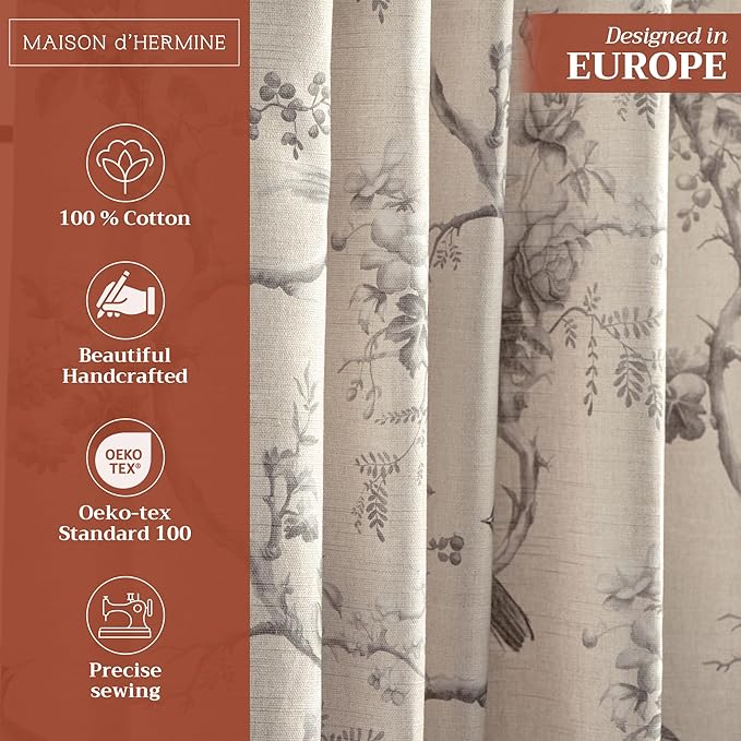 Maison d' Hermine Curtains for Living Room 100% Cotton 124 inch Length One Panel Light Filtering Curtains for Bedroom Windows with Rod and Loop Pockets Drapes (Turin, 50" W x 124" L)