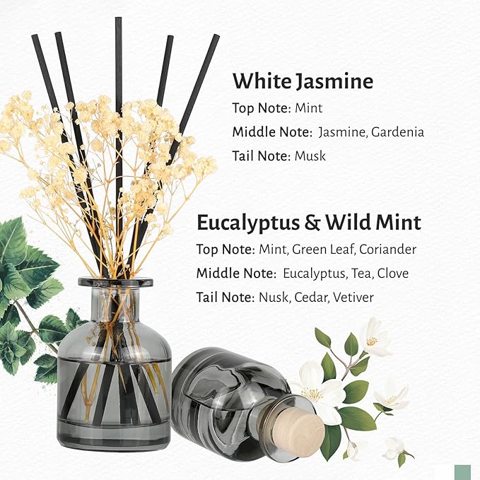 Brakula 2 Pack Reed Diffuser, White Jasmine + Eucalyptus & Wild Mint (3.38 fl oz Each Pack), Home Fragrance with 12 Sticks, Shelf Decor, Reed diffusers for Home
