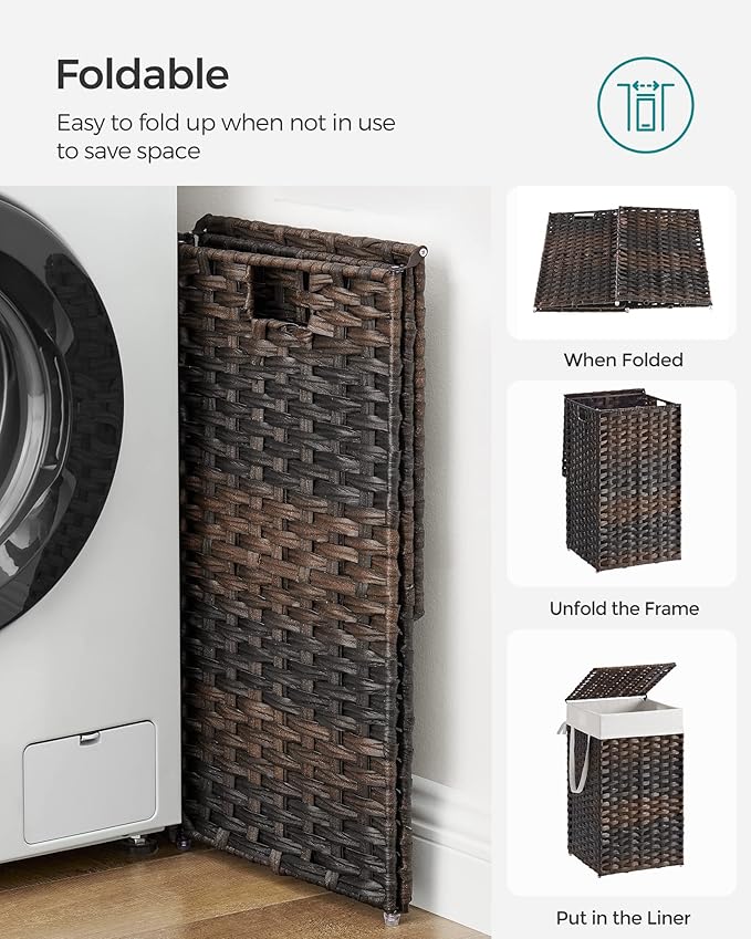 SONGMICS Laundry Hamper with Lid, 17.2 Gallon (65 L) Synthetic Rattan Clothes Laundry Basket with Lid and Handles, Foldable, Removable Liner, Chestnut Brown ULCB165K01