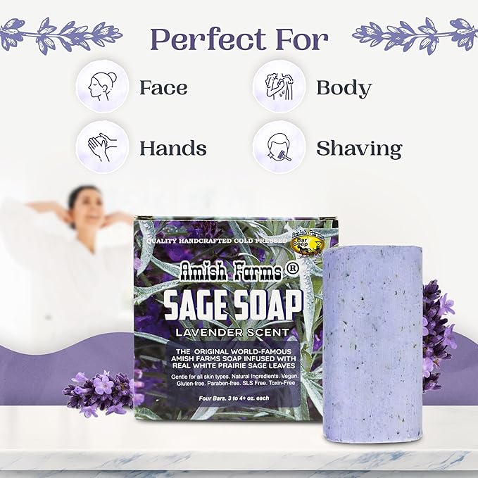 Amish Farms Sage Soap Bar with Bentonite Clay for Face & Body, Lavender Scent (1 Bar) Handmade in USA, Cold Processed Body Soap Bars for Women and Men - Gentle for Sensitive Skin, 4 Ounce Each