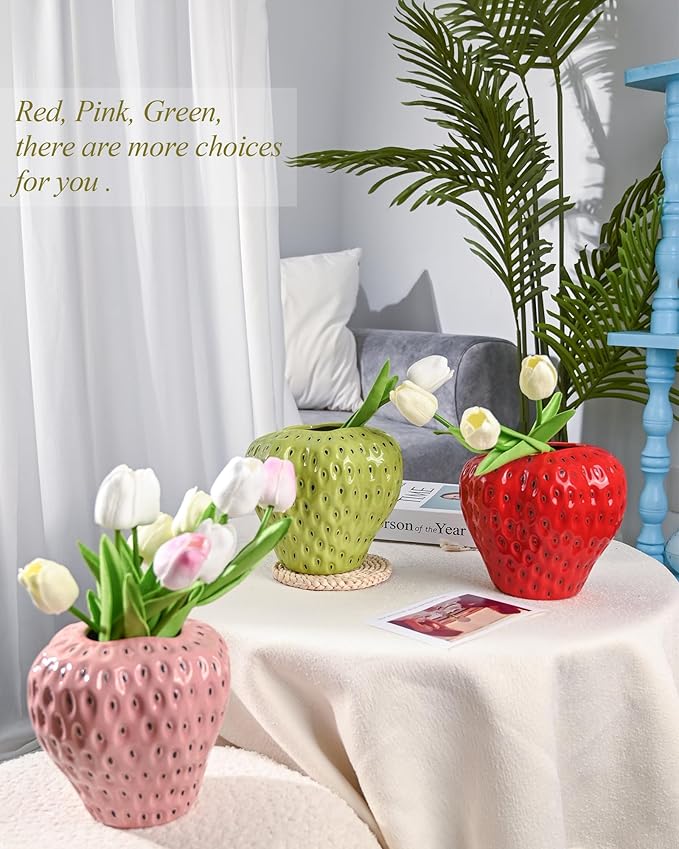 DN DECONATION Pink Strawberry Vase for Flower, Strawberry Shaped Planter Pot for Girls, Unique Ceramic Fruit Vases for Strawberry Party Kitchen Decorations, for Mom&Grandma