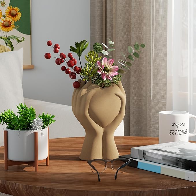 8 Inch Heart Hand White Ceramic Vase - Unique Modern Aesthetic Flowers Vase for Living Room Bedroom Office Kitchen Table Centerpiece or Shelf Decor - Gifts for Wedding Bridal Shower Women Mom (Brown)
