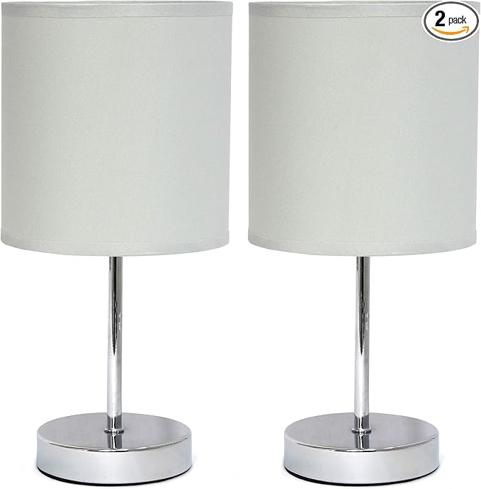 Simple Designs LT2007-SLT-2PK Chrome Mini Basic Table Lamp with Fabric Shade 2 Pack Set, Slate Gray