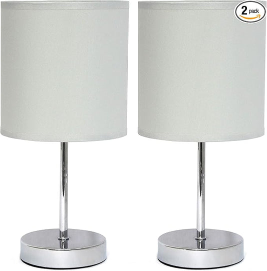 Simple Designs LT2007-SLT-2PK Chrome Mini Basic Table Lamp with Fabric Shade 2 Pack Set, Slate Gray