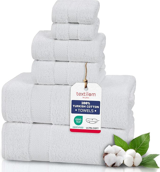 TEXTILOM 6 Pcs Bath Towel Set – Hotel and Spa Quality & Soft & Absorbent & Quick Dry Bath Towels for Bathroom –100% Turkish Cotton Bathroom Towels Set (2 Bath Towels,2 Hand Towels,2 Washcloths)-White