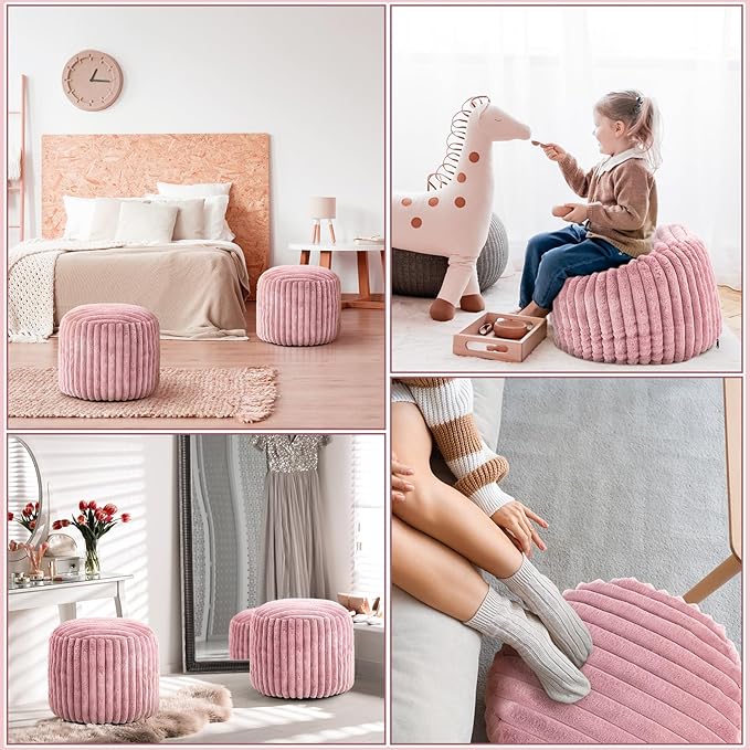 2 Pcs 20 x 15 Inch Unstuffed Pouf Cover Ottoman Foot Rest - No Filler, Faux Rabbit Fur Foot Stool Floor Bean Bag Floor Chair Storage for Living Room Bedroom Home Decor(Pink)