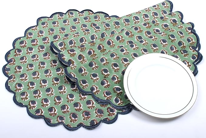 Ridhi Bo-ho Round Place Mat Double Layer Floral Cotton Washable Placemats 15" Round Embroidery Block Print Table Mat (Pack of 4-15 Inch Round, Basil Green)
