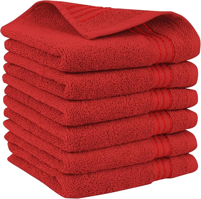 Elegant Comfort Premium Turkish Cotton 6 Pack Washcloths Set - 13 x 13 inch, Luxurious Hotel Spa Quality 100% Turkish Cotton 6PC Washcloth Set - Highly Absorbent - Soft Bathroom Towels, Red