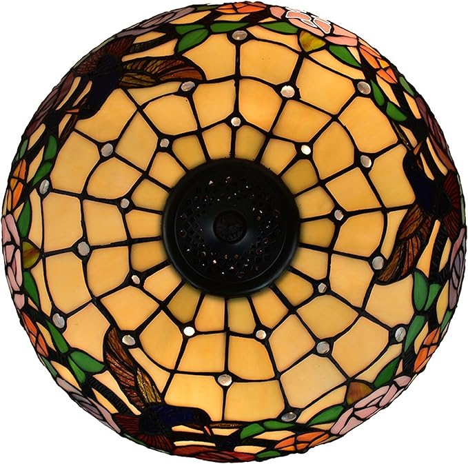 Amora Tiffany Style Table Nightstand Banker Lamp 22" Tall Stained Glass Red Green Yellow Floral Hummingbird Antique Vintage Light Decor Living Room Bedroom Desk Handmade Gift Lighting, Multicolor