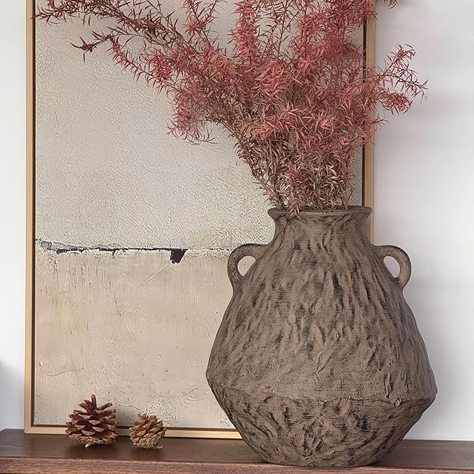 Ceramic Rustic Farmhouse Flower Vase with 2 Handles, 10.6 Inch Tan Brown Vintage Clay Terracotta Pottery Texture Handmade Vase,Wabi Sabi Home Living Room Table Decor,Gift for Women Girls
