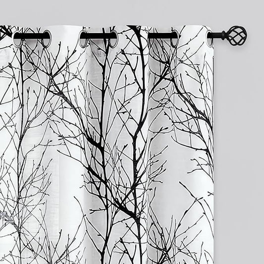 FMFUNCTEX Linen Semi Sheer Curtains for Bedroom, Black White Curtains 84 Inches Long for Living Room, Grey Tree Branch Patterned Curtain Light Filtering Farmhouse Window Drapes, Grommet Top 2 Panels