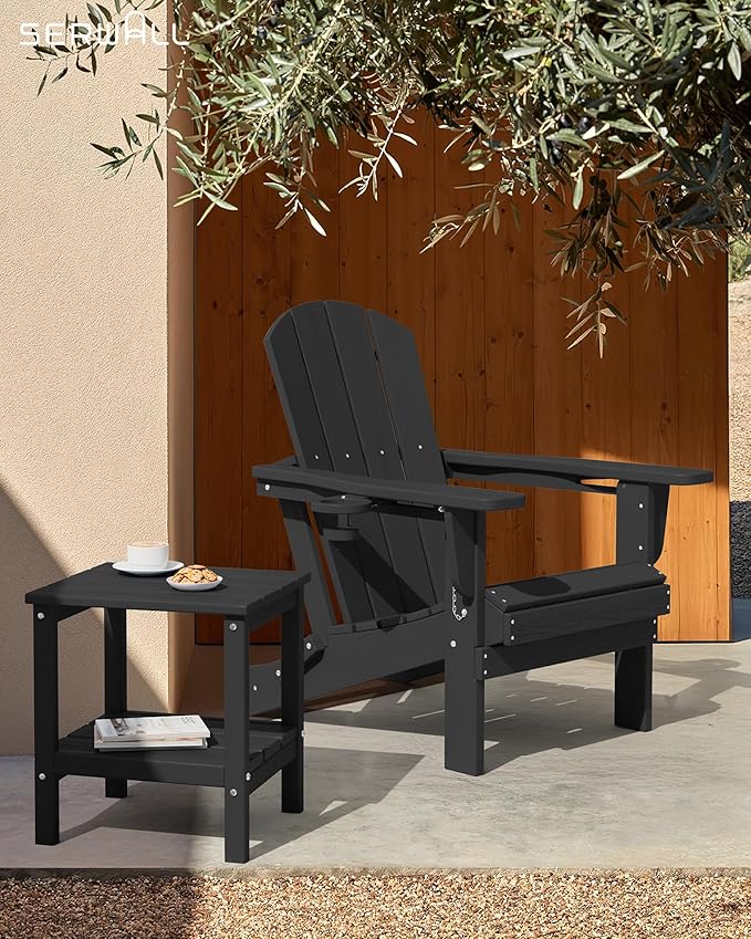 SERWALL 2-Tier HDPE Outdoor Side Table, Weatherproof Rectangular Adirondack Side Table, Black