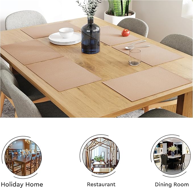 Encasa XO Dining Placemat Set of 6 | Solid Beige Color | Fine Ribbed Cotton Table mat | Size 19x13 in | Machine Washable
