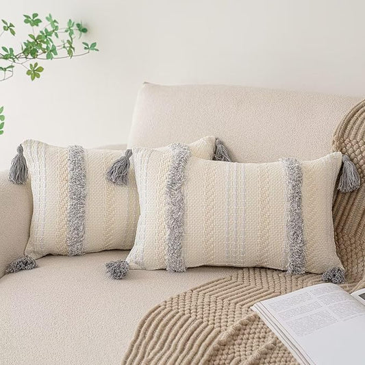 Boho Throw Pillow Covers 12x20 Set of 2 Woven Tufted Farmhouse Pillows Cover with Tassels Textured Striped Cushion Case Lumbar Pillow Cases Decorative Pillowcase for Couch, Bed, Light Grey