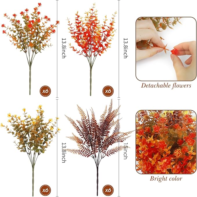 Ouddy Decor 24 Bundles Artificial Fall Flowers for Outdoor Decoration UV Resistant Fake Plastic Plants Faux Boston Fern for Autumn Indoor Outdoor Garden Patio Fireplace Window Box Kitchen Home Decor
