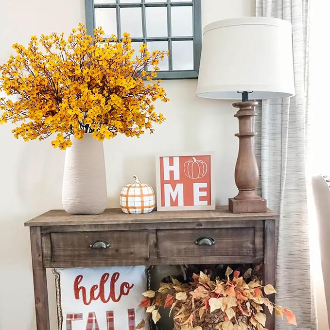 AILANDA 12 PCS Artificial Fall Flowers Babys Breath Orange Yellow Real Touch Silk Floral Arrangement Gypsophila Flowers for Home Wedding Table Centerpiece Fireplace Vase Filler Autumn Decor