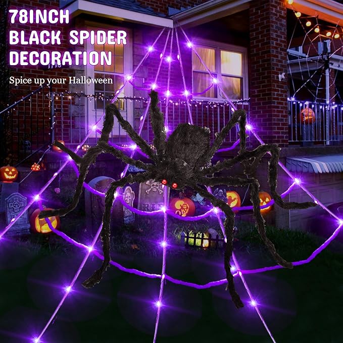 8 Modes 20 * 17FT Halloween Light Up Spider Web 250 Led Purple & Orange Lights Operated with 6.5Ft Giant Spider 200sqft Cobweb 20 Small Spiders for Indoor and Outdoor Decor Yard Decoration