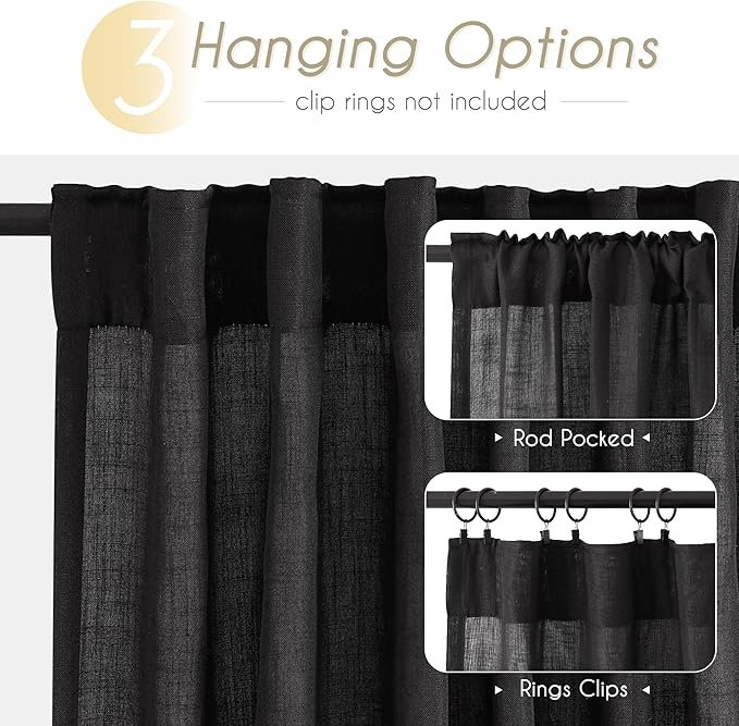 Black Linen Curtains 96 inches Long for Bedroom Back Tab Light Filtering Privacy Semi Sheer Black Curtains Living Room Boho Rustic Farmhouse Cotton Textured Gauze Curtain 2 Panel Set