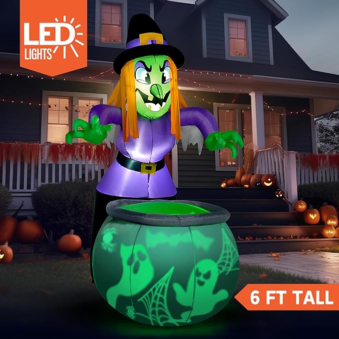Joiedomi 6 Ft Halloween Inflatable Witch and Cauldron Decoration with Projecting Rotating Green Ghost Light, Inflatable Yard Decor Blow Up with Build-in LEDs for Halloween Party Indoor, Outdoor Decor