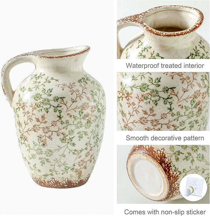 Enra Vintage vase,Ceramic Chinoiserie Floral Vase,Green and Beige Decorative Flower vase,Large Rustic Vases for Home Decors, Living Room, Bookshelf, Office，9.7 inch