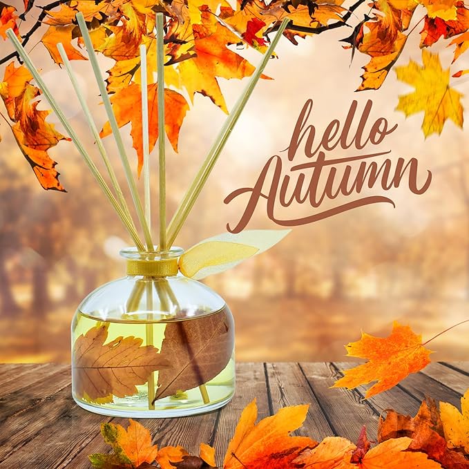 LOVSPA Autumn Leaves Spiced Caramel Vanilla Scented Reed Diffuser Room Fragrance - Sweet Caramel, Warm Nutmeg, Cinnamon & Vanilla Cream - Decorated with Real Fall Leaves! Great Kitchen Scent
