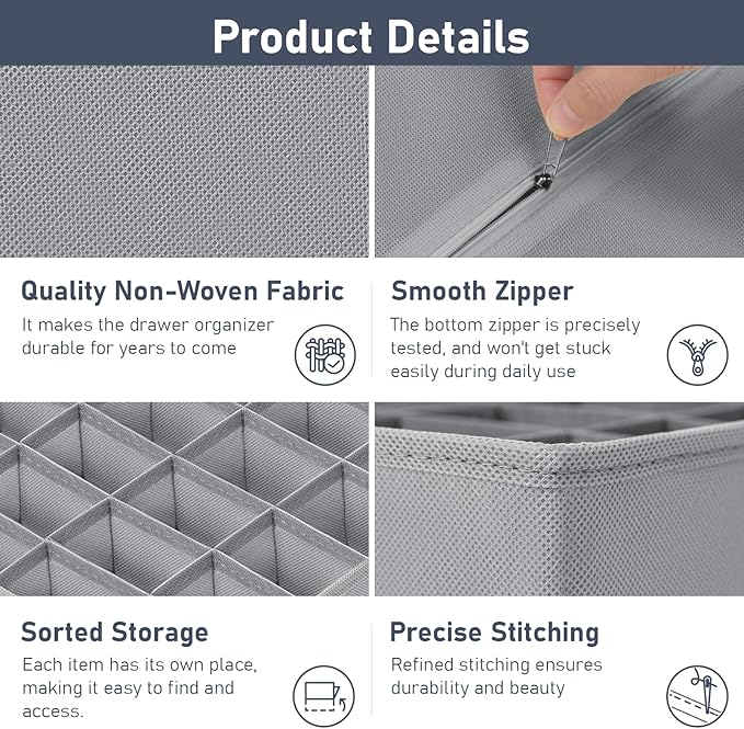 Joyoldelf Sock Organizer Drawer Organizer - Underwear Organizer, Collapsible Closet Organizers and Storage Sock Holders Organizers for Storing Socks, Ties, Belts 2 Pack(Gray)