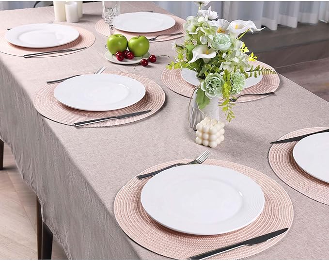 Noctiflorous 15 Inch Round Placemats Set of 6 Durable Braided Woven Heat Resistant Table Mats for Indoor Outdoor Non Slip Dining Table Place Mats(Pink White, 6)